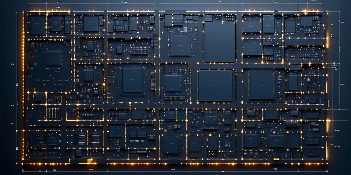 Abstract chip die floorplan showing compute array, SRAM banks, PCIe PHY, and power domain sectors with amber boundary highlights