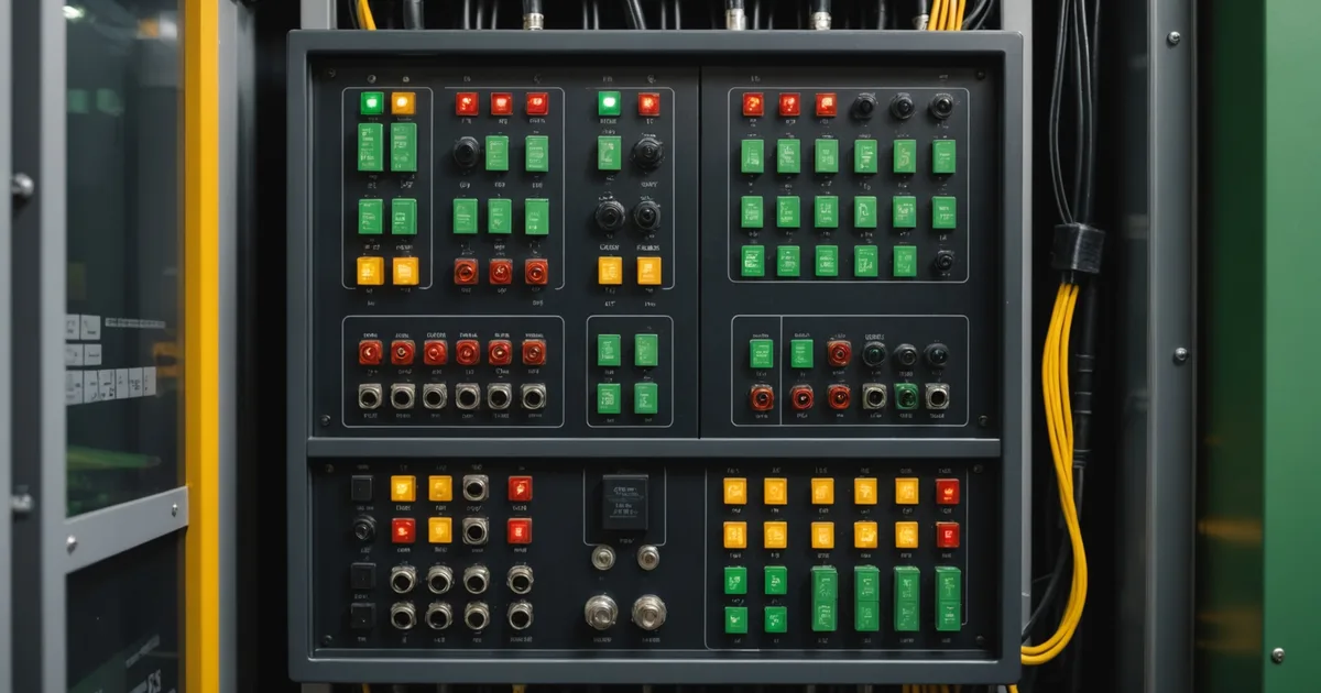 Industrial PLC control cabinet with Ethernet cables and indicator lights in a factory environment