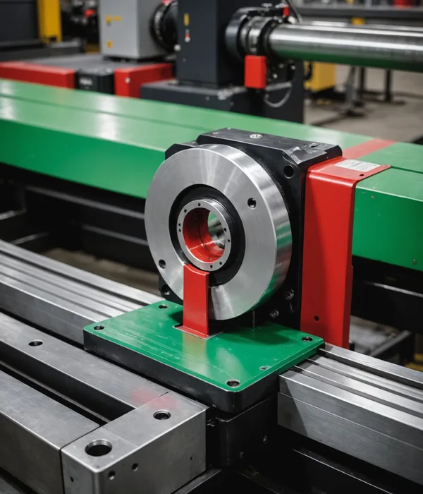 Machined metal component with two AI inspection bounding boxes: one red marking a surface defect, one green on a passing area
