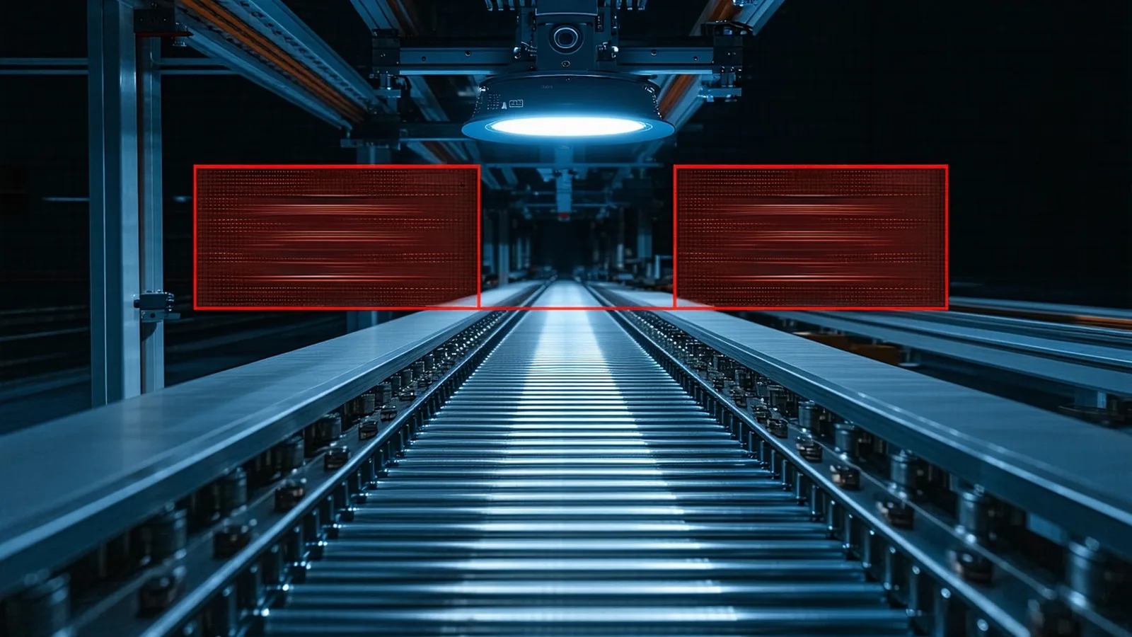 AI vision inspection system on a high-speed manufacturing conveyor line, with red bounding boxes overlaid on defective metal parts