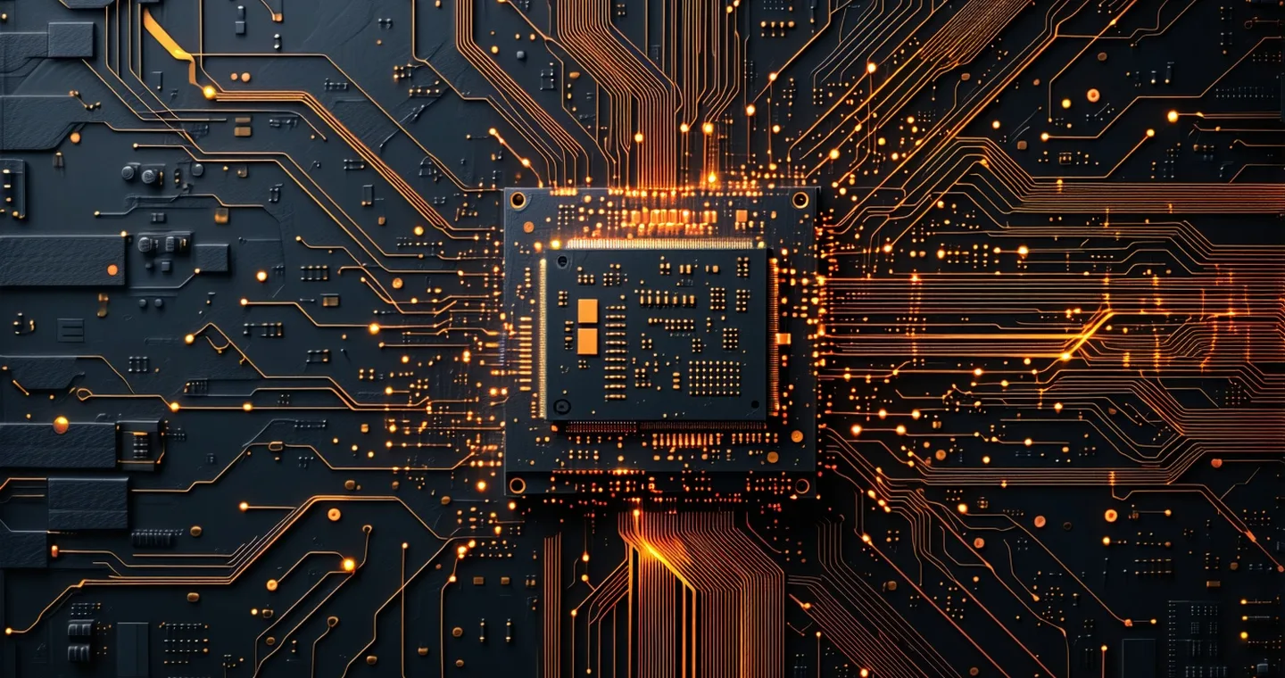 Abstract custom chip die topology with amber interconnect traces on dark silicon background
