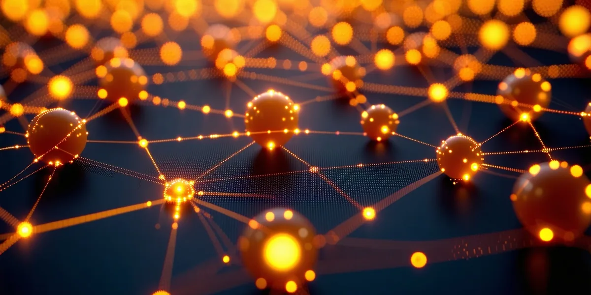 Abstract dataflow topology showing compute primitive interconnects as glowing amber nodes on dark field