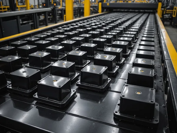 Injection-molded plastic components on a conveyor showing sink marks and surface defects under inspection lighting