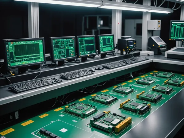 Printed circuit board assembly under AOI inspection lighting with component placement visible