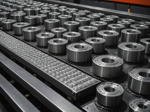 Stamped metal components on an inspection conveyor with surface scratch defects visible under ring light illumination